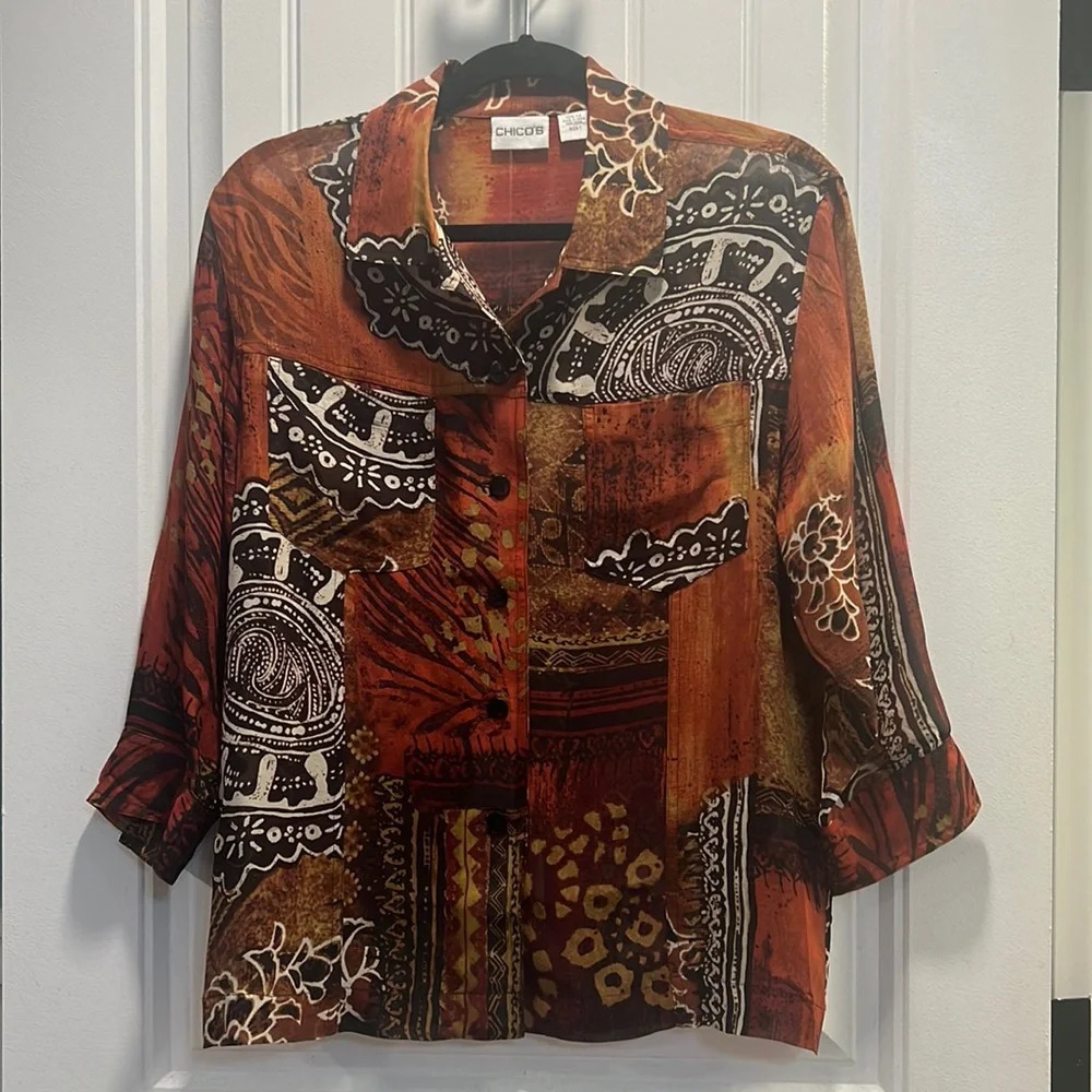 Chico’s Orange & Brown Jacket/Blouse. Chico’s Size 1.